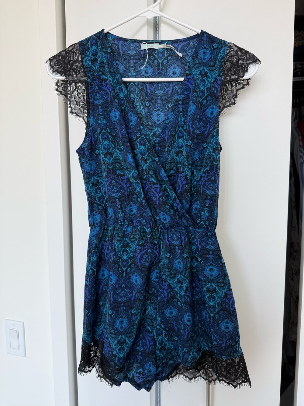 Blue Patterned Lace-Trim Women's Romper